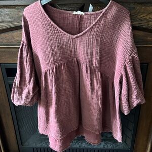 Easel Burgundy Waffle Gauze Flowy Top with Puff Sleeves